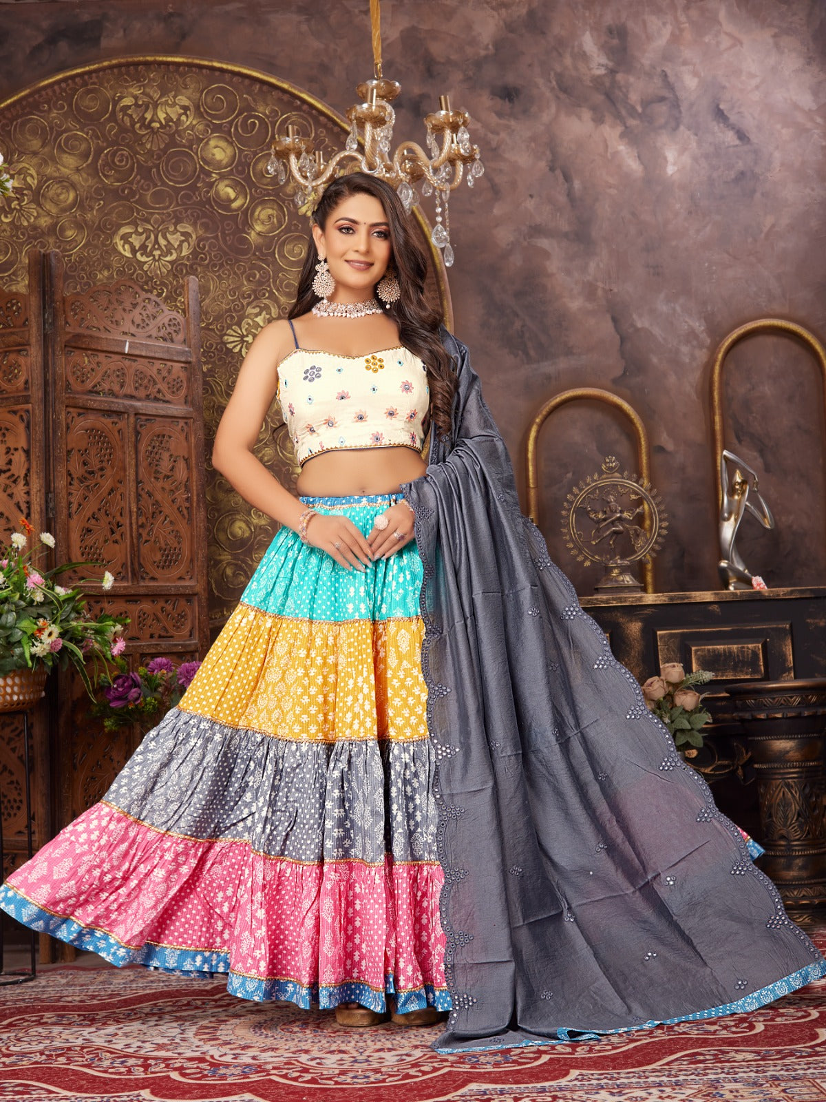 Multicolor Cotton Silk printed Pleated Lehenga with sleeveless crop top Choli