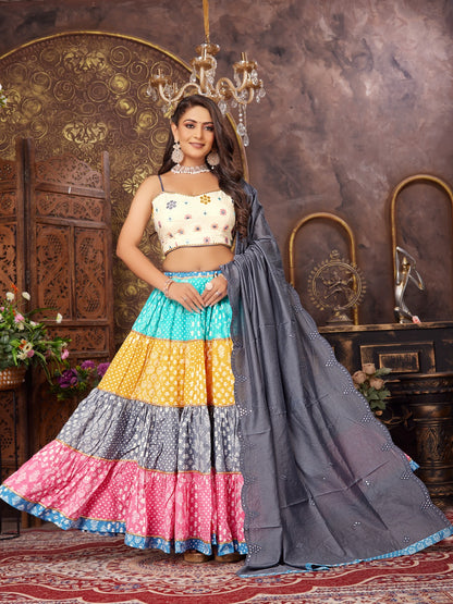 Multicolor Cotton Silk printed Pleated Lehenga with sleeveless crop top Choli