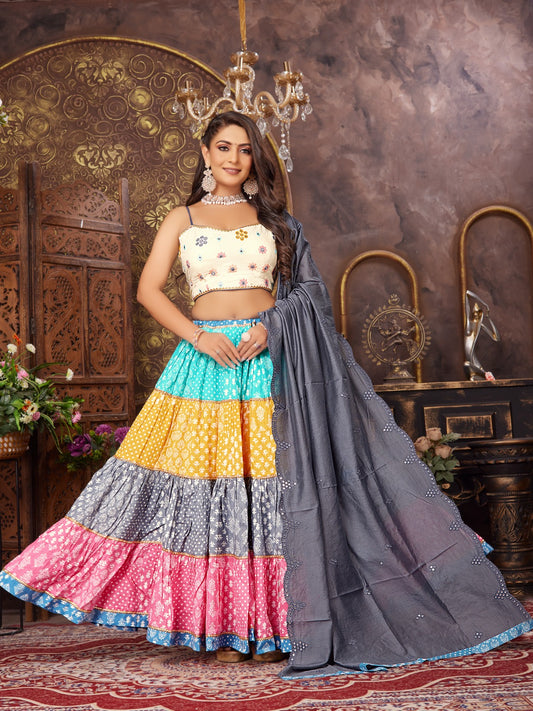 Multicolor Cotton Silk printed Pleated Lehenga with sleeveless crop top Choli