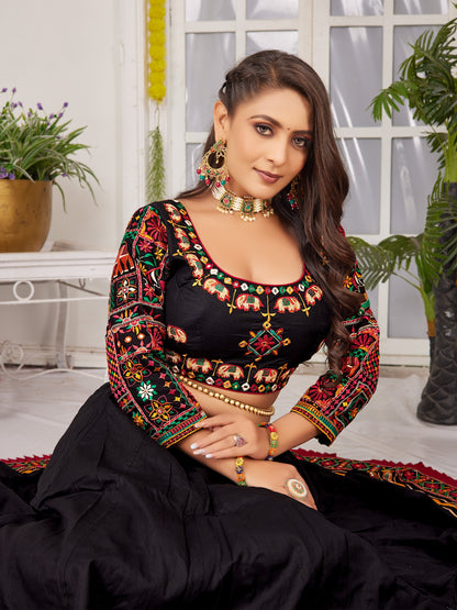 Black Printed flared Lehenga with patch work crop top choli
