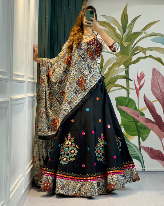 Black Chevron Patched work Pleated Lehenga