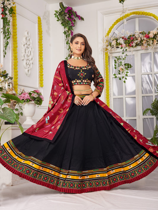Black Printed flared Lehenga with patch work crop top choli