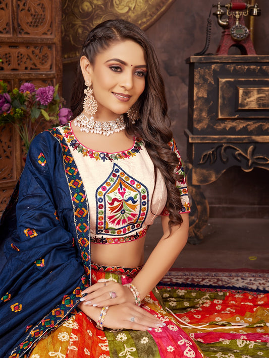 Multicolor Cotton silk patch work with printed Lehenga