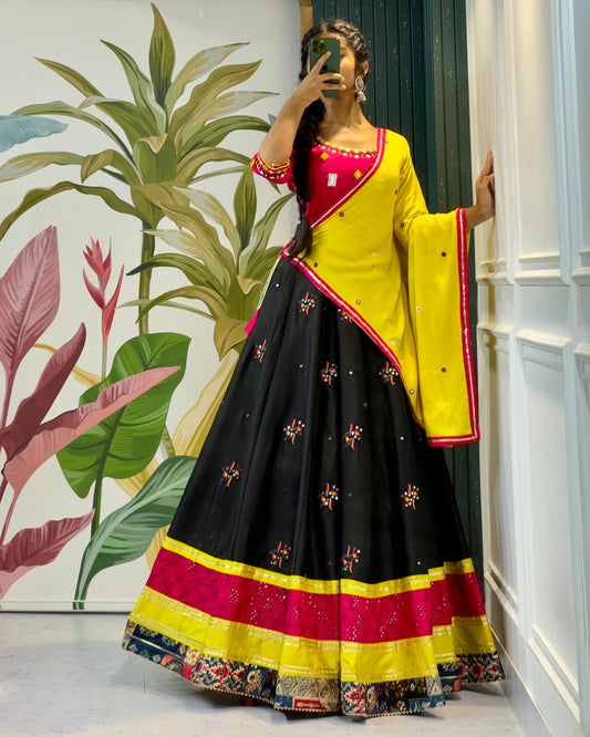 Black Yellow Flared and pleated Lehenga Choli