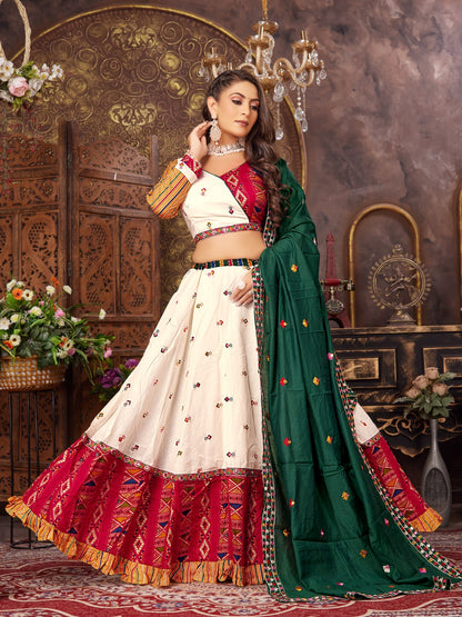 White Red cotton silk patch worked flared Lehenga Choli