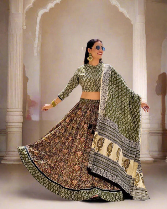 Pista Green Cotton Silk Digital Printed Lehenga with full sleeve crop top choli