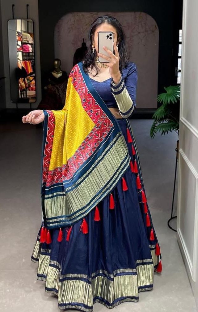 Yellow and Blue Silk Flared Chaniya Choli