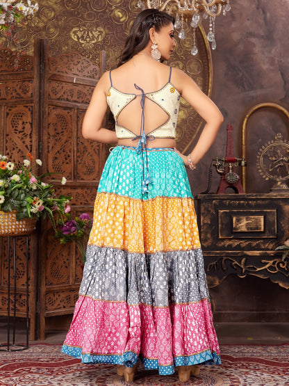 Multicolor Cotton Silk printed Pleated Lehenga with sleeveless crop top Choli