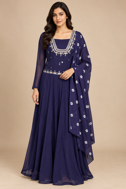 Deep indigo embroidered Anarkali with balanced bandhani dupatta – full front view