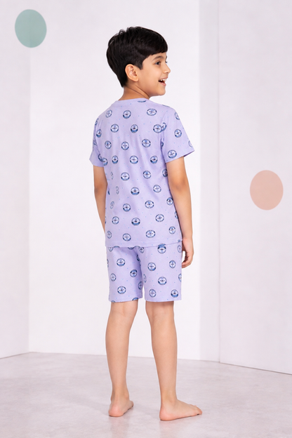Boys light purple character print short night suit back view