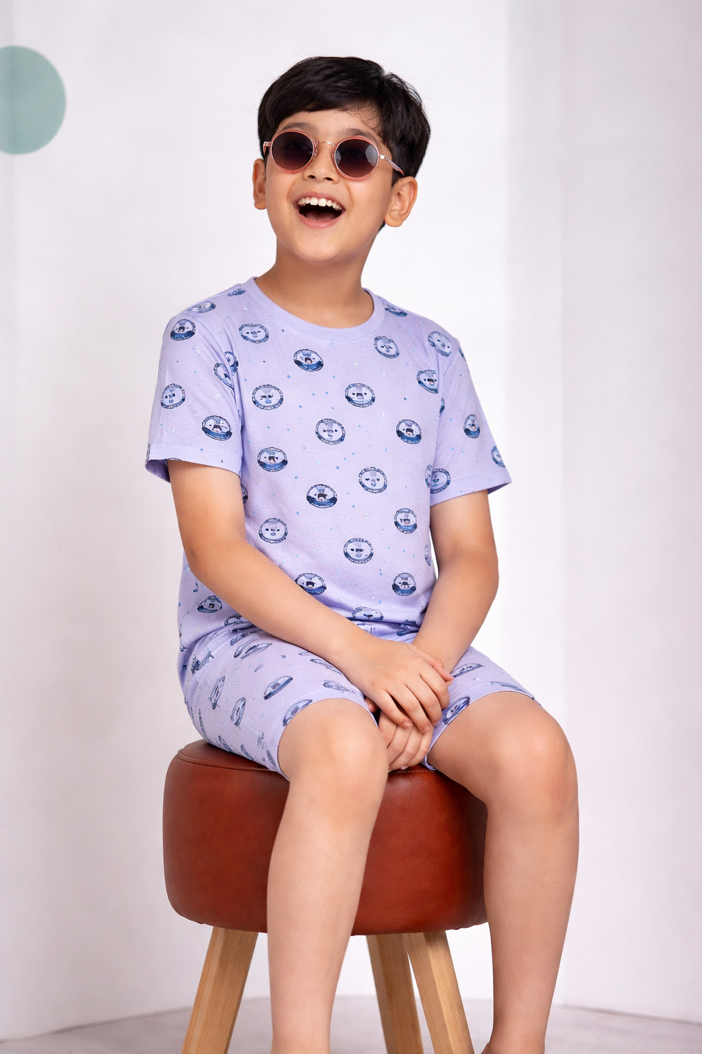 Boys light purple character print short night suit front view