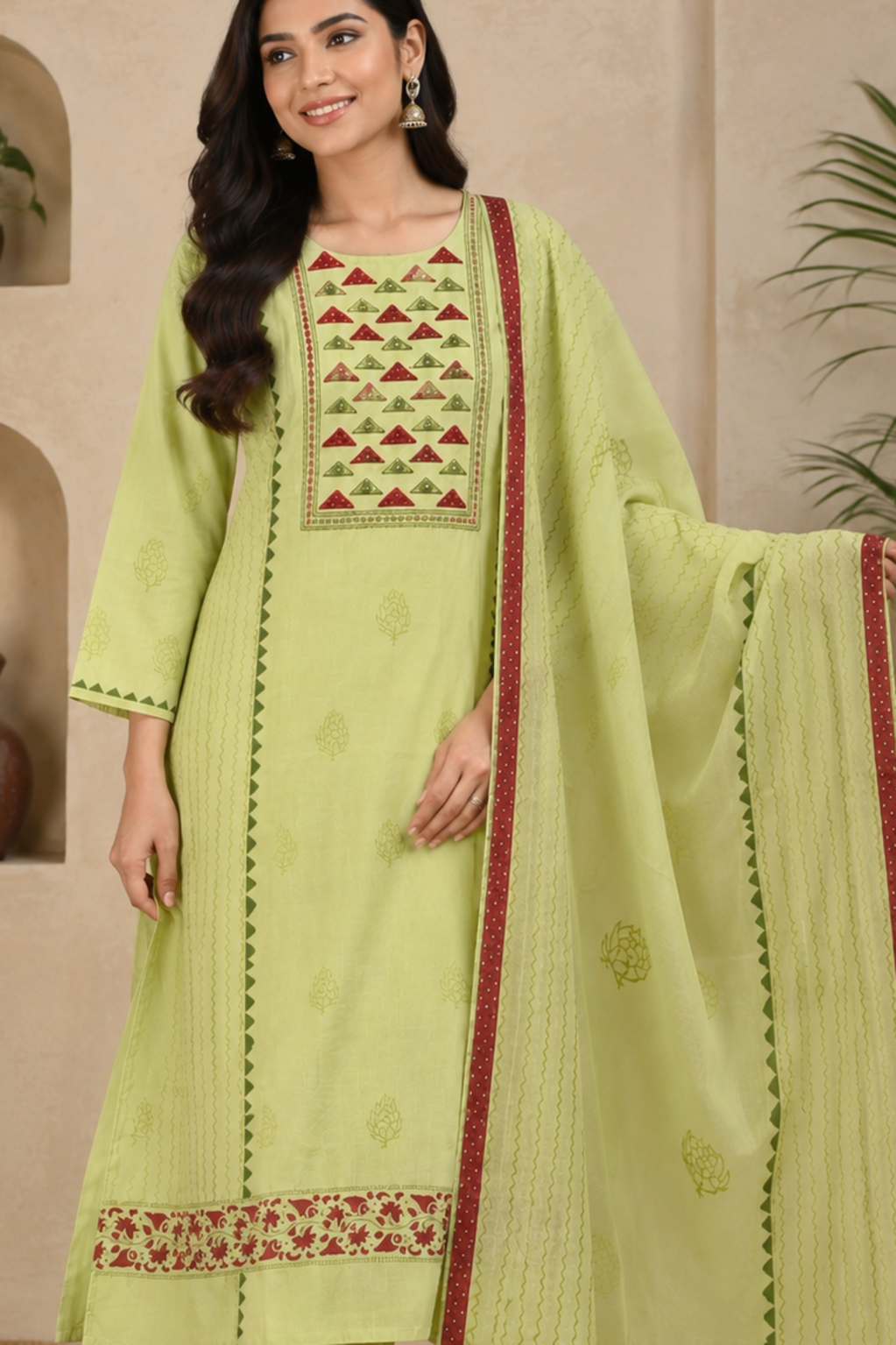 Lime green cotton-silk suit with embroidered yoke and dupatta border detail
