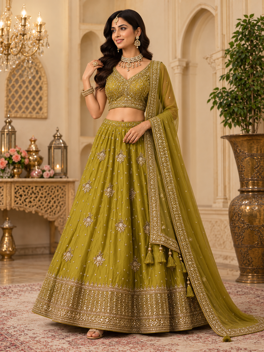 Lime green vintage zari lehenga choli – three-quarter view