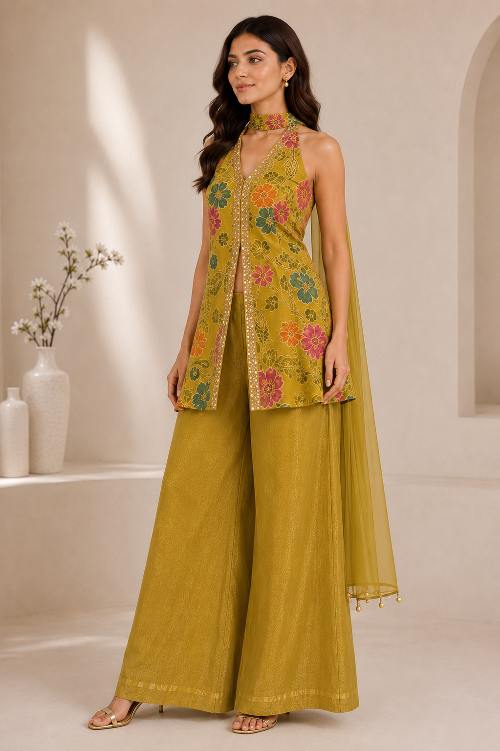 Women’s lime yellow Indo-Western three-piece set – three-quarter view