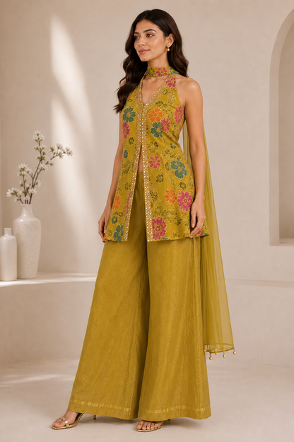 Women’s lime yellow Indo-Western three-piece set – three-quarter view