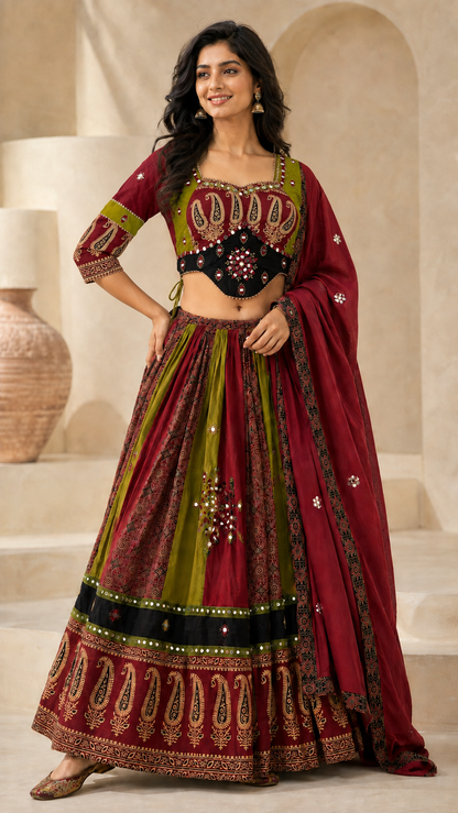 Front view of maroon olive and black paisley mirror work Chaniya Choli