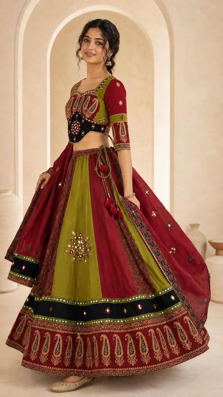 Side view showing the flare and three-quarter sleeve blouse of the Chaniya Choli