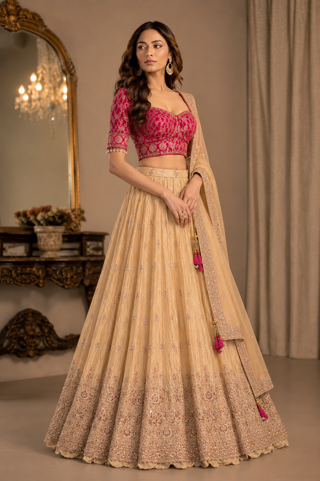 Maroon pink and beige Royal Grace embroidered lehenga, three-quarter view