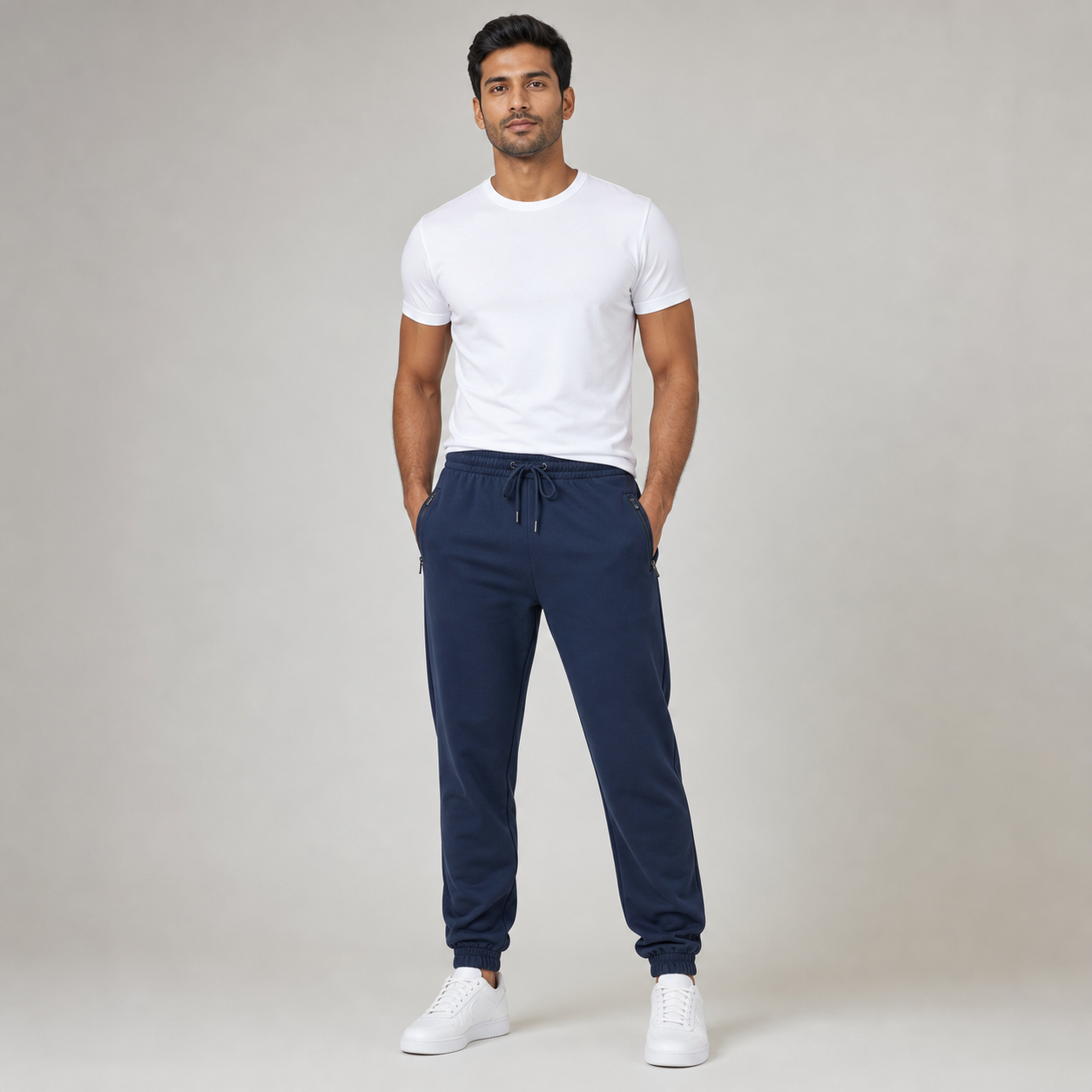 Man wearing navy blue French terry Go Relax joggers with zipped pockets