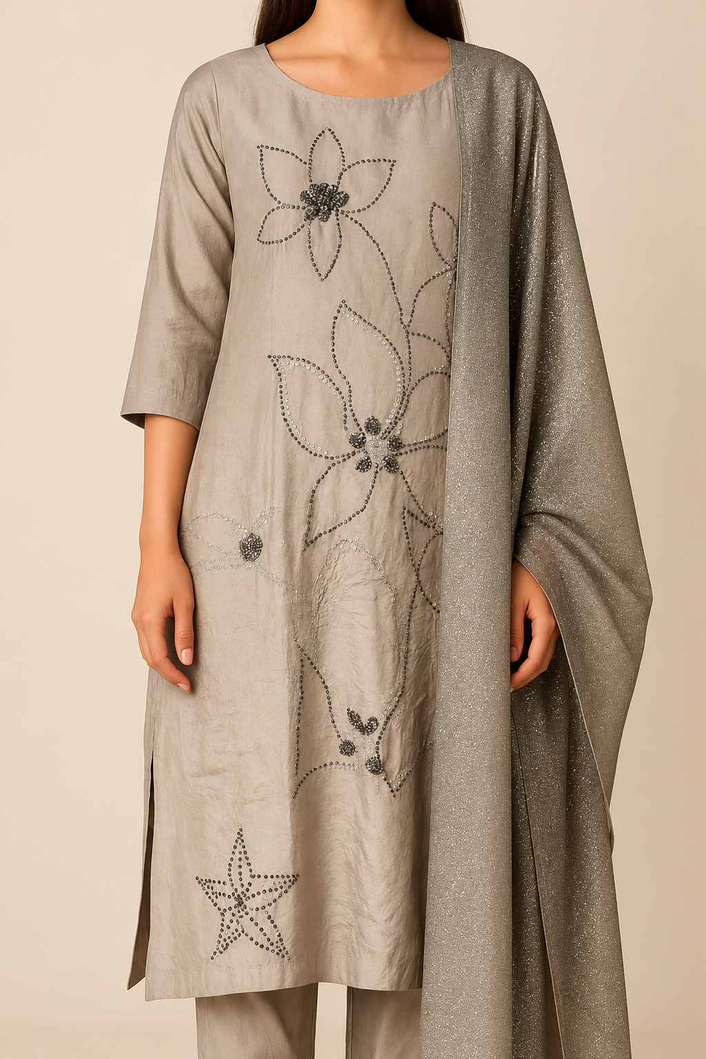 Metallic grey cotton-silk kurta floral sequin embroidery and shimmer dupatta – detail view