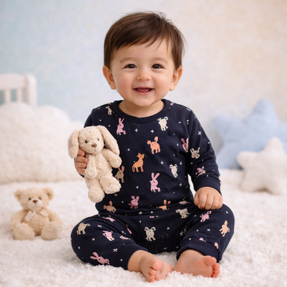 Midnight Black animal print baby lounge set front view