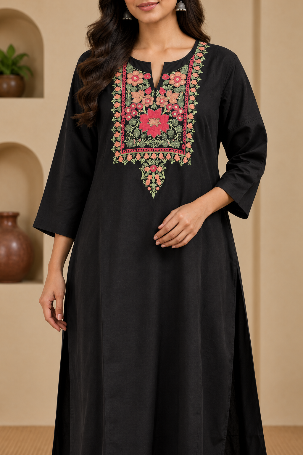 Midnight black two-piece kurta set with coral and olive floral embroidered yoke detail