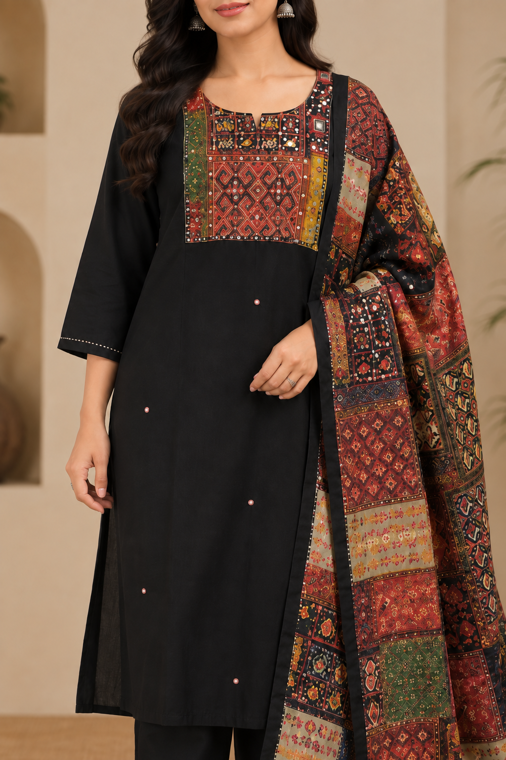 Midnight black embroidered suit yoke and multicolour patchwork dupatta detail