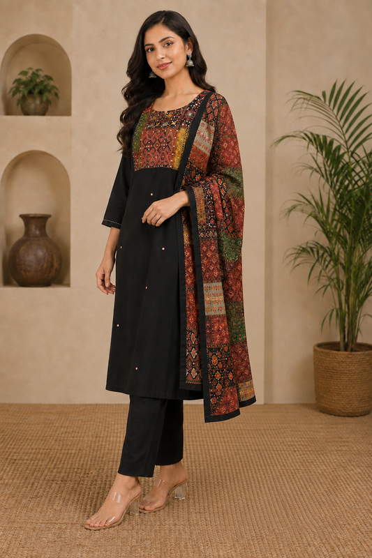Midnight black embroidered suit with multicolour patchwork dupatta – three-quarter view