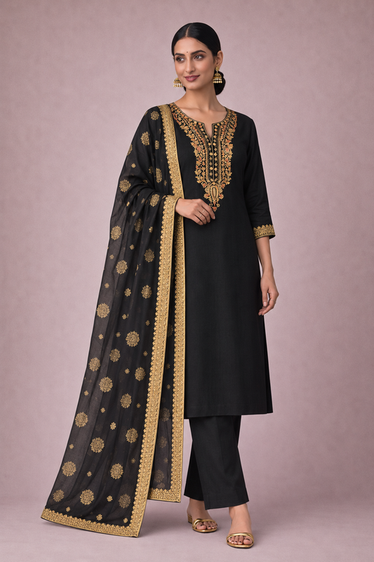 Midnight black embroidered kurta set with straight pants and gold-motif dupatta – three-quarter view