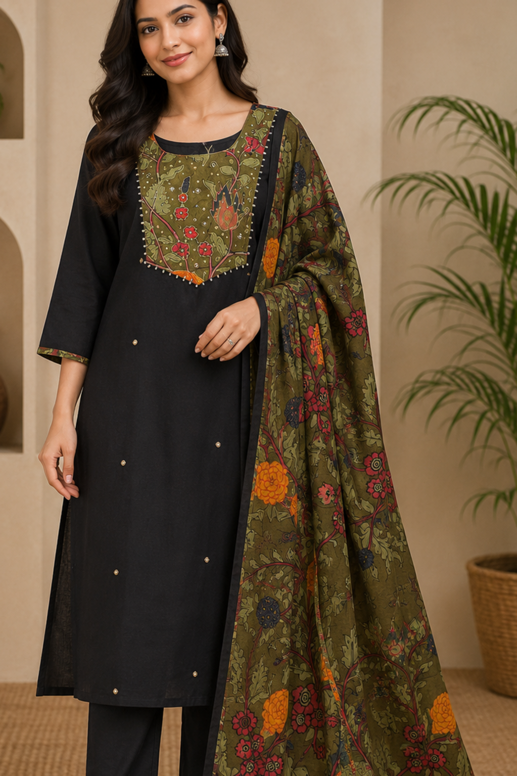 Midnight black kurta with olive green botanical dupatta, embroidery detail