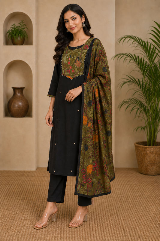 Midnight black kurta suit with olive green printed dupatta – three-quarter view