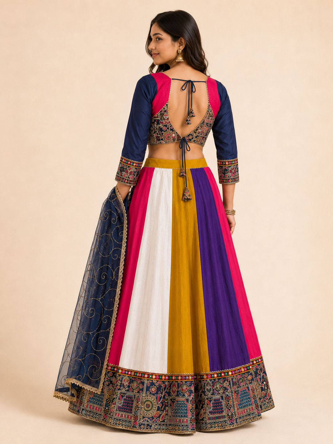 Multicolour panelled Chaniya Choli set open tie-back blouse view