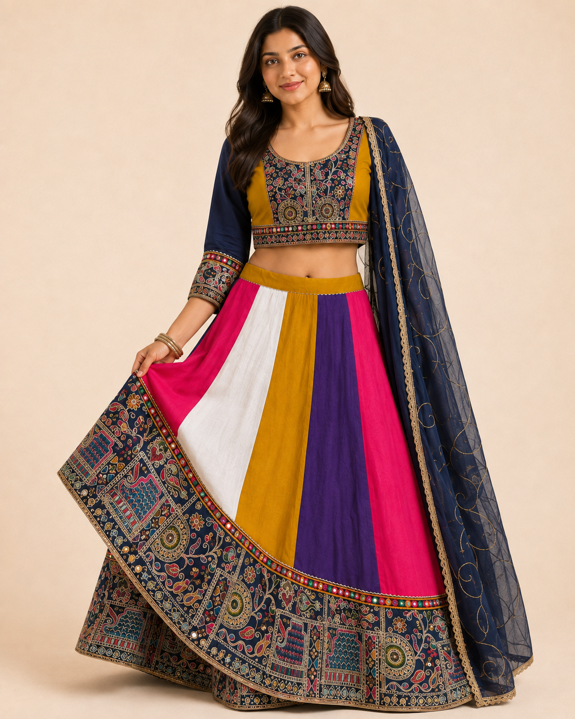 Multicolour Chaniya Choli folk embroidery mirror work and hem detail