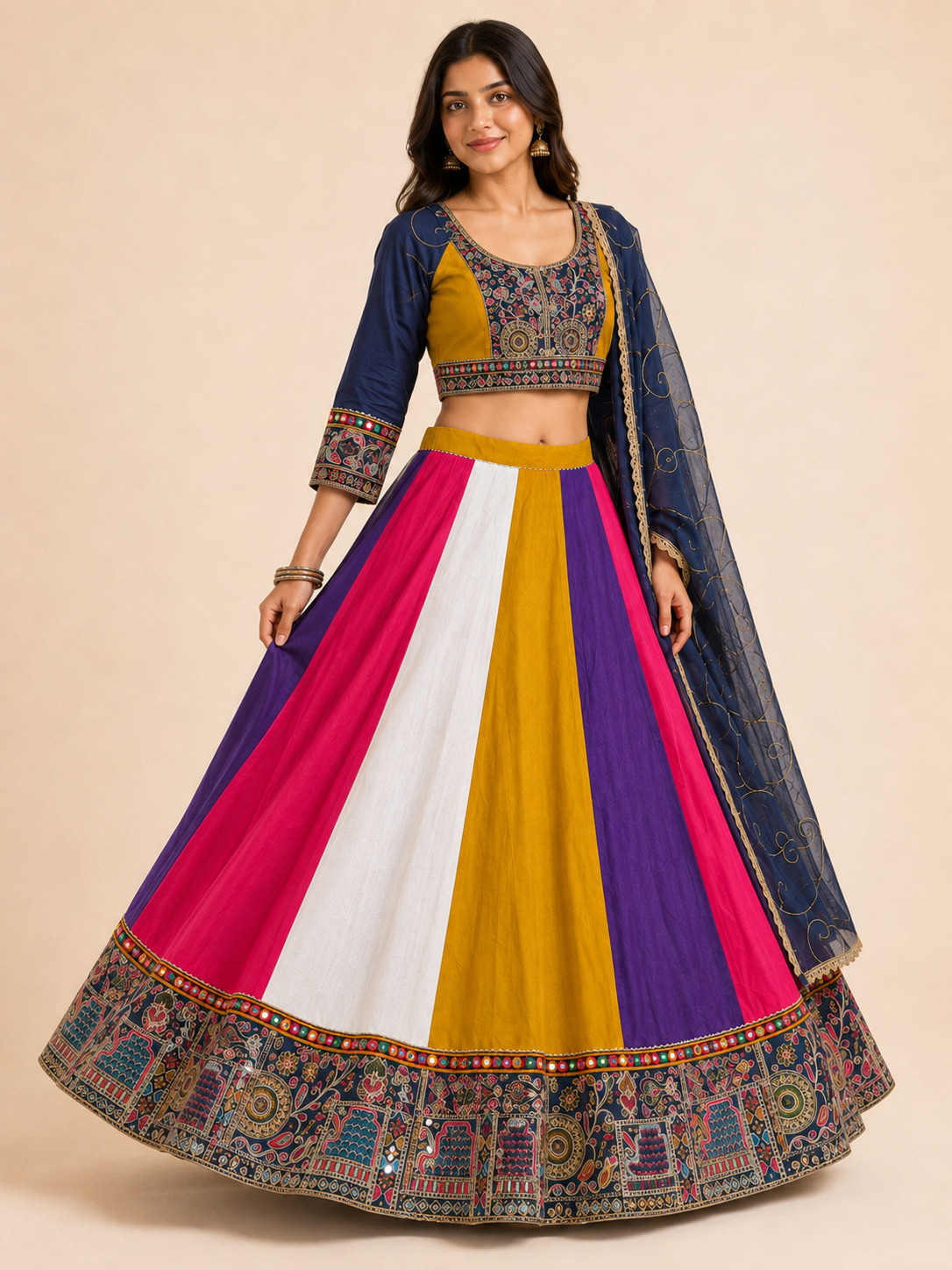 Multicolour panelled Chaniya Choli set three-quarter flare view