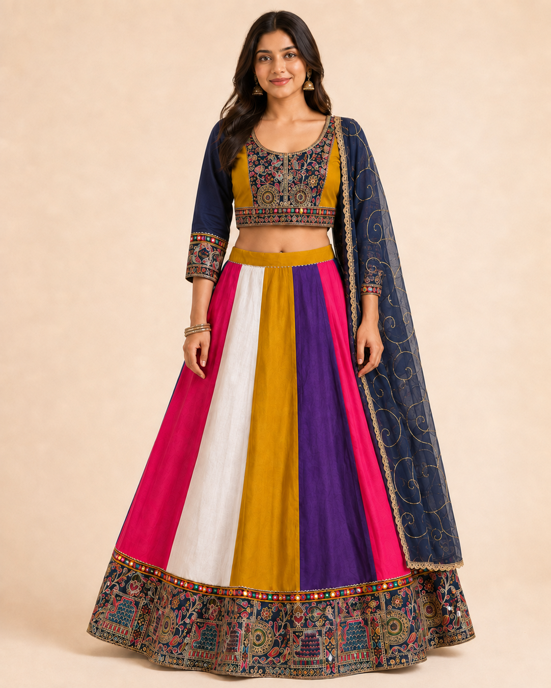 Multicolour panelled Chaniya Choli set full front model view with naturally draped dupatta