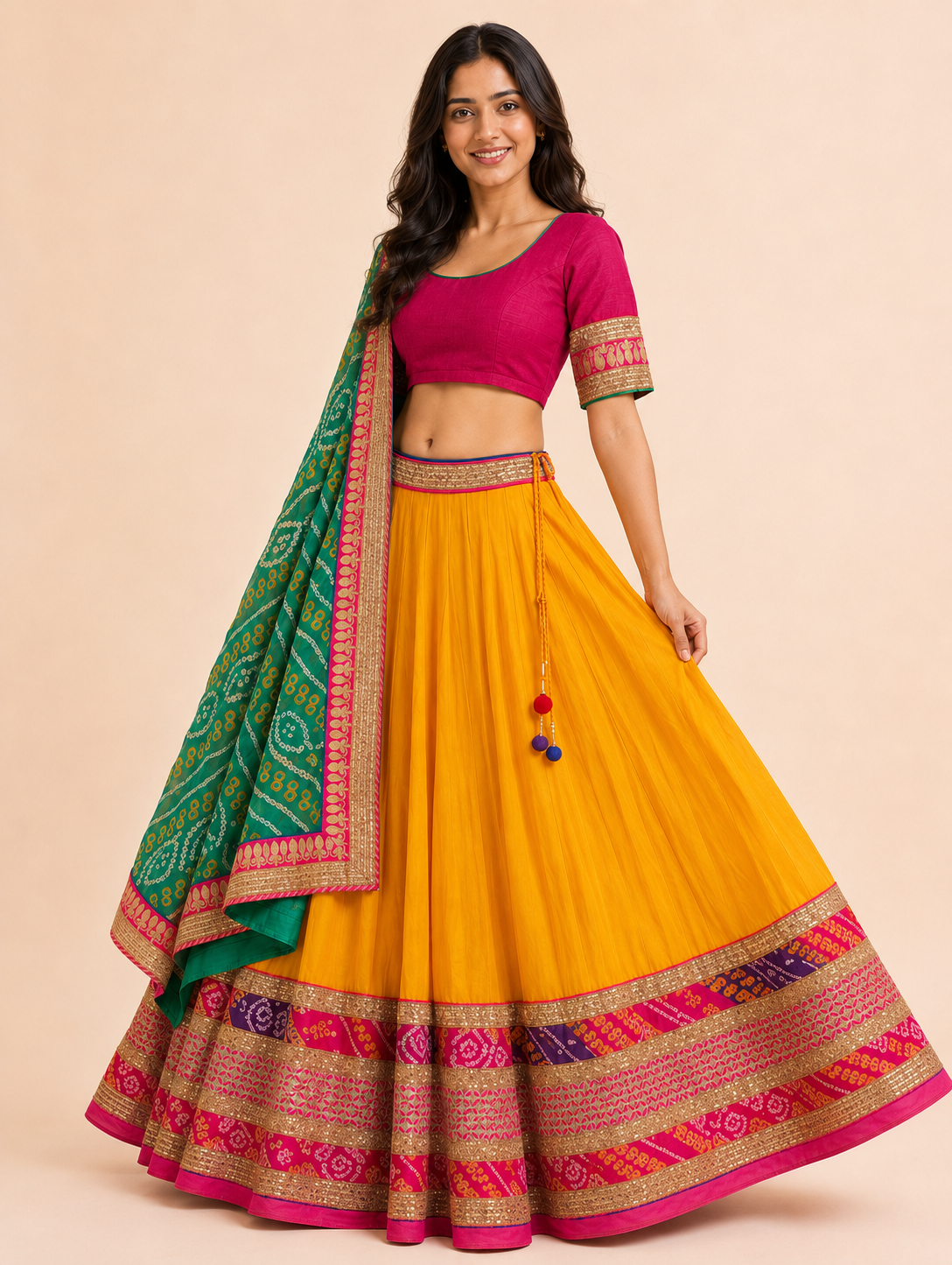 Mustard yellow Chaniya Choli three-quarter flare view