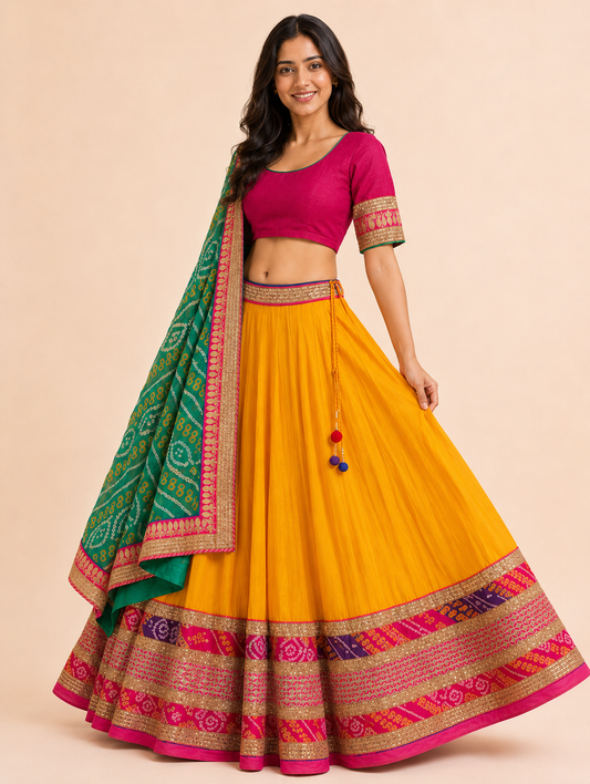 Mustard yellow Chaniya Choli three-quarter flare view
