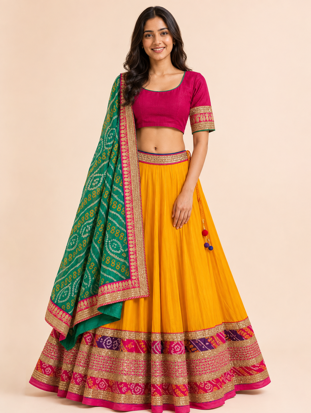 Mustard yellow and teal Bandhani Chaniya Choli set front view on model