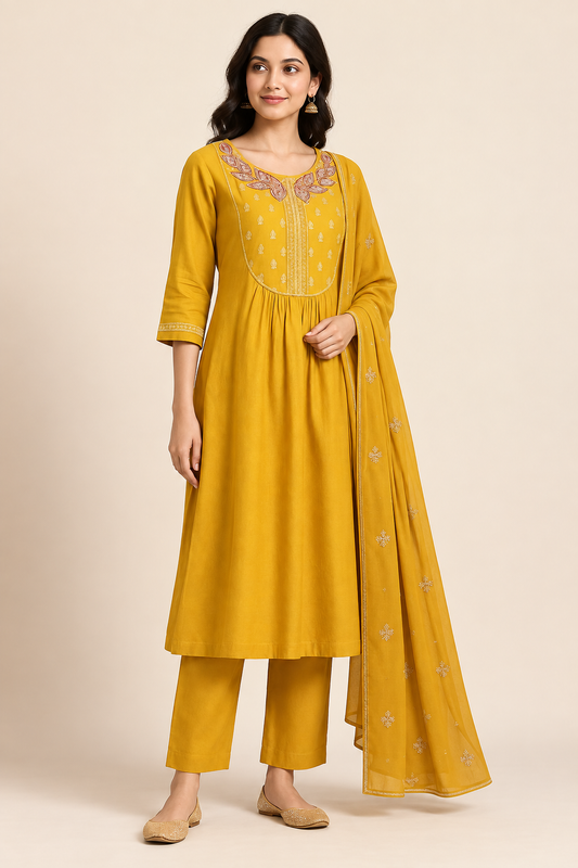 Mustard yellow embroidered kurta set with straight pants and motif dupatta – three-quarter view