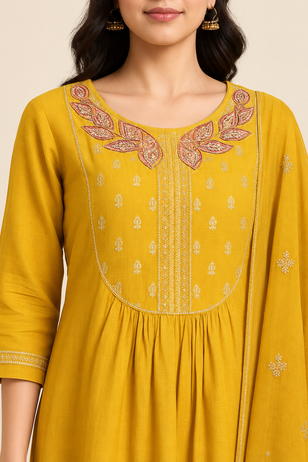 Mustard yellow kurta pink leaf embroidery and gathered yoke – detail view