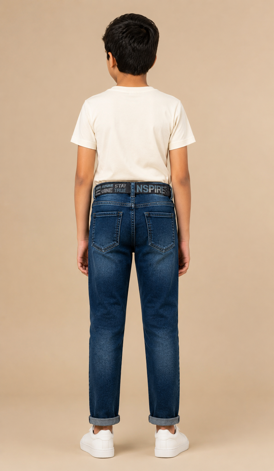 Boys navy printed denim jeans with belt – back view