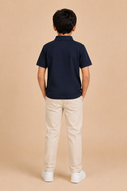 Boys midnight navy printed cotton polo T-shirt – back view