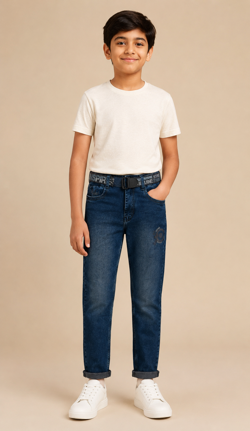 Boys navy printed denim jeans with belt – front view