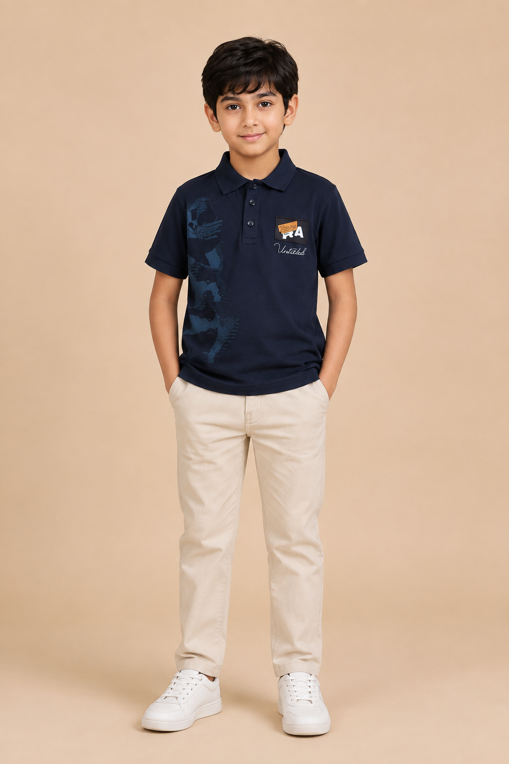 Boys midnight navy printed cotton polo T-shirt – front view