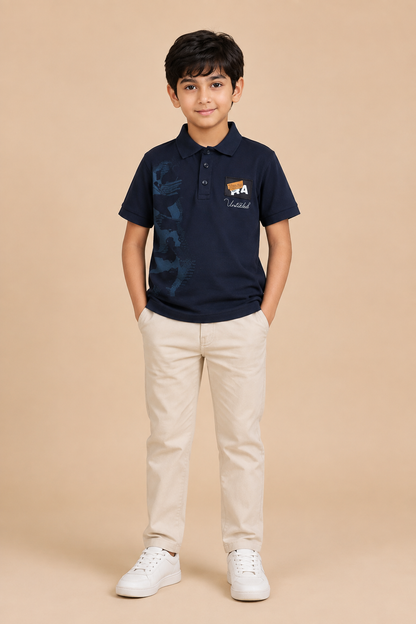 Boys midnight navy printed cotton polo T-shirt – front view