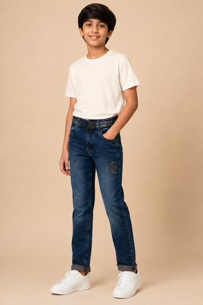 Boys navy printed denim jeans with belt – side view