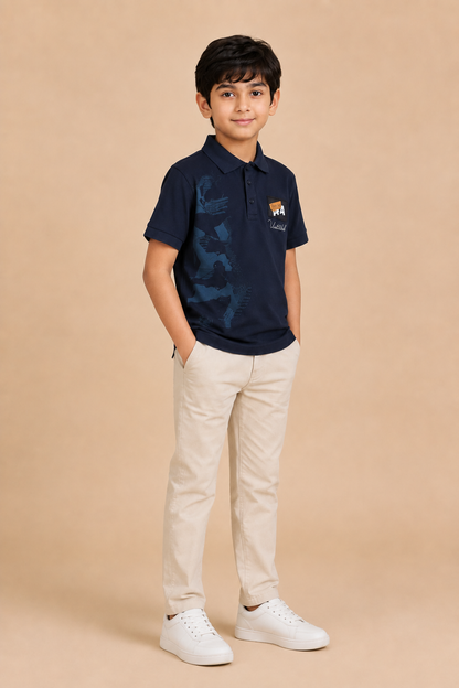 Boys midnight navy printed cotton polo T-shirt – side view