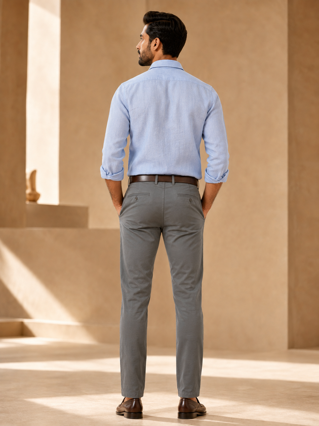 Nero men's cloudy grey cotton chinos back model view