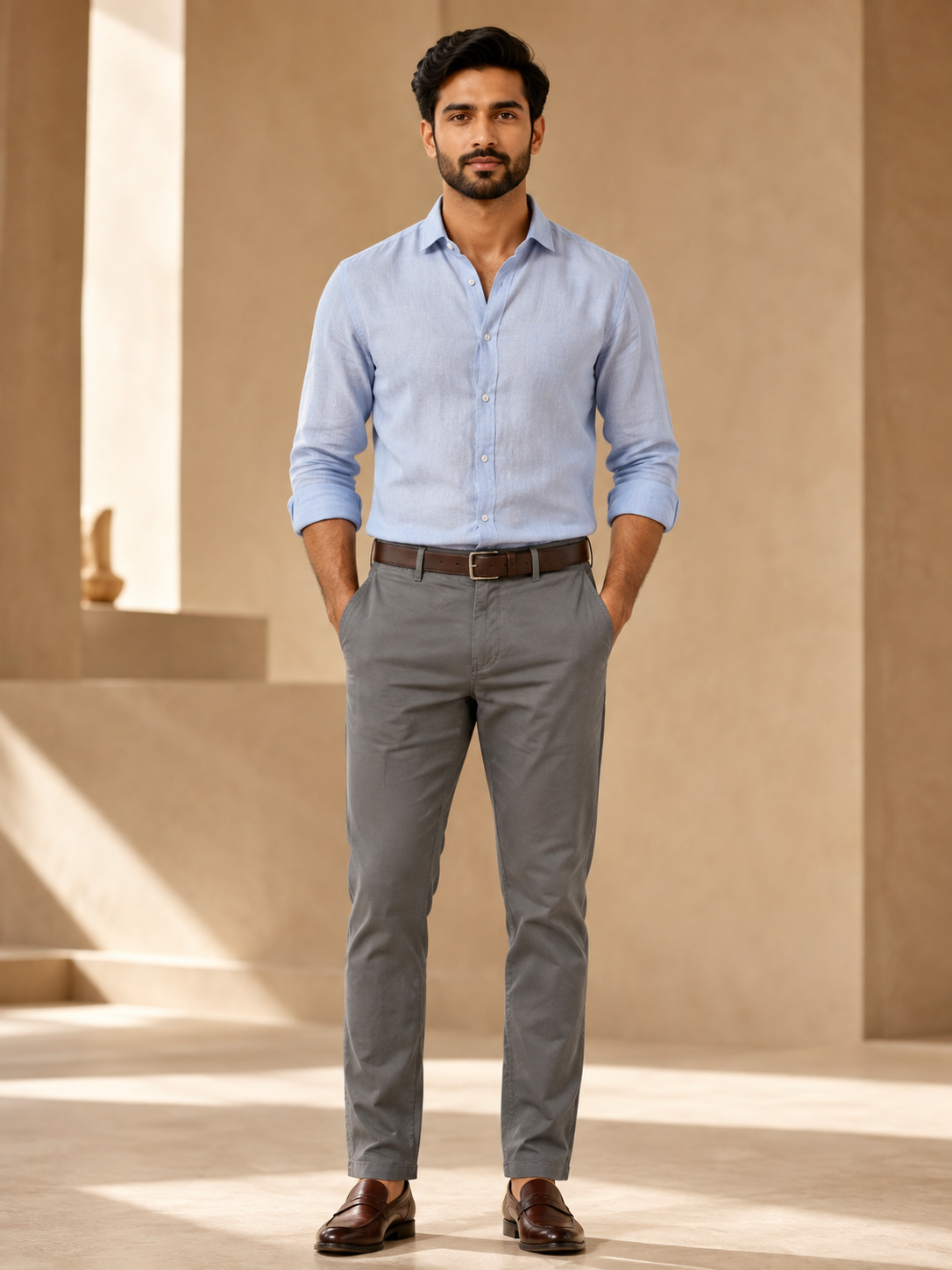 Nero men's cloudy grey cotton chinos front model view