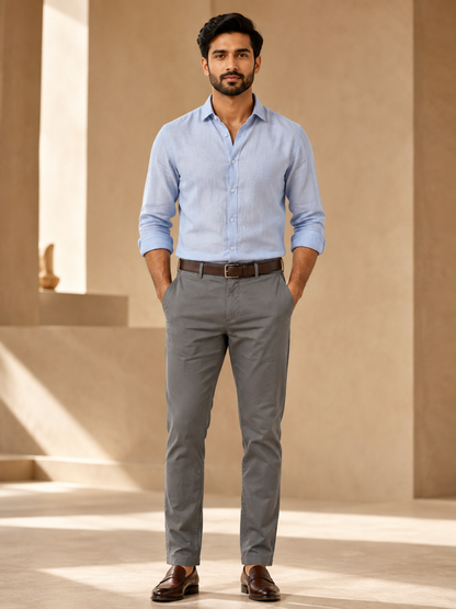 Nero men's cloudy grey cotton chinos front model view